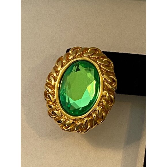 KJL Gold-Tone Post Earrings With Green Crystal Oval Stones J0176 - Picture 5 of 9